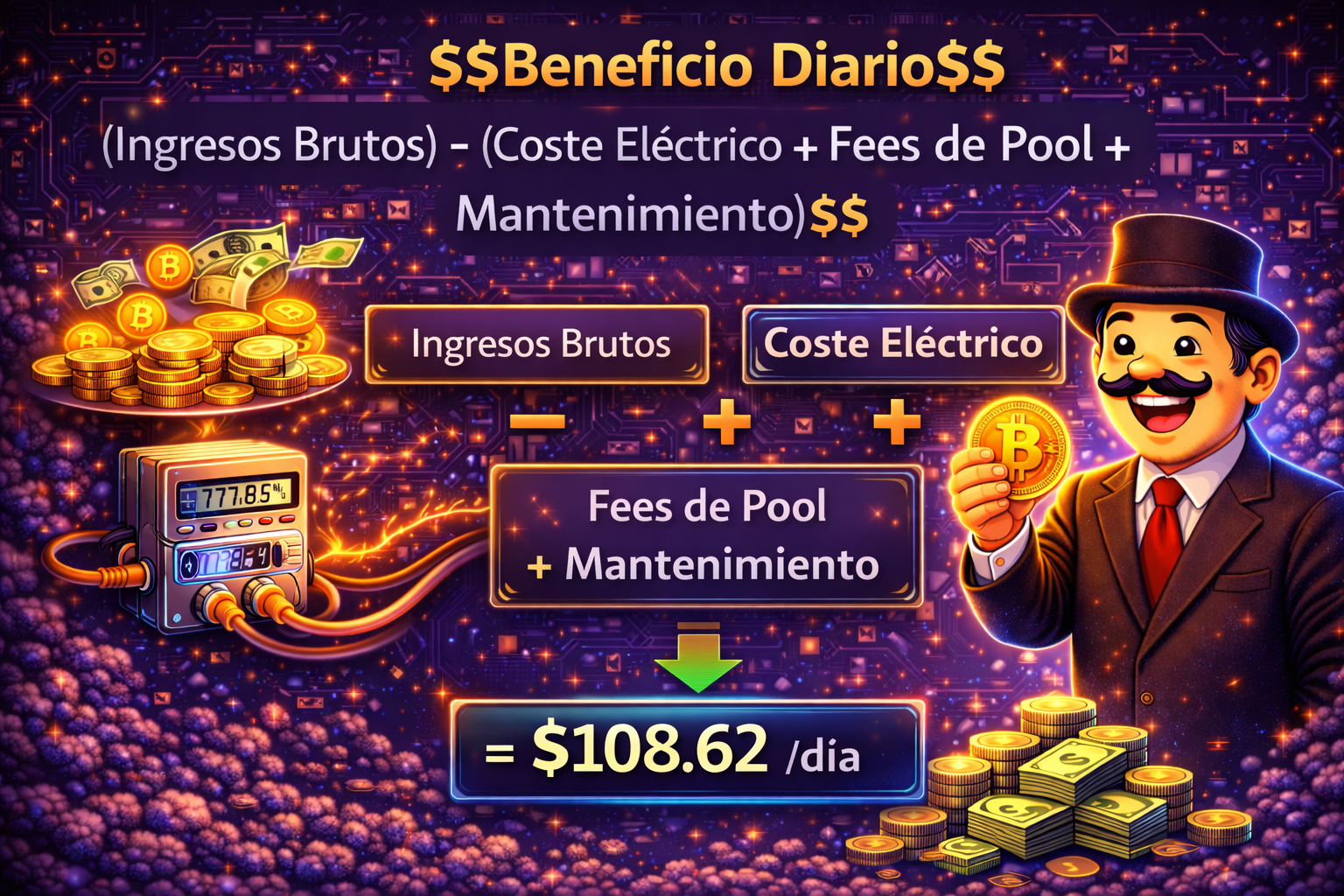 Beneficio Diario = (Ingresos Brutos) - (Coste Eléctrico + Fees de Pool + Mantenimiento)