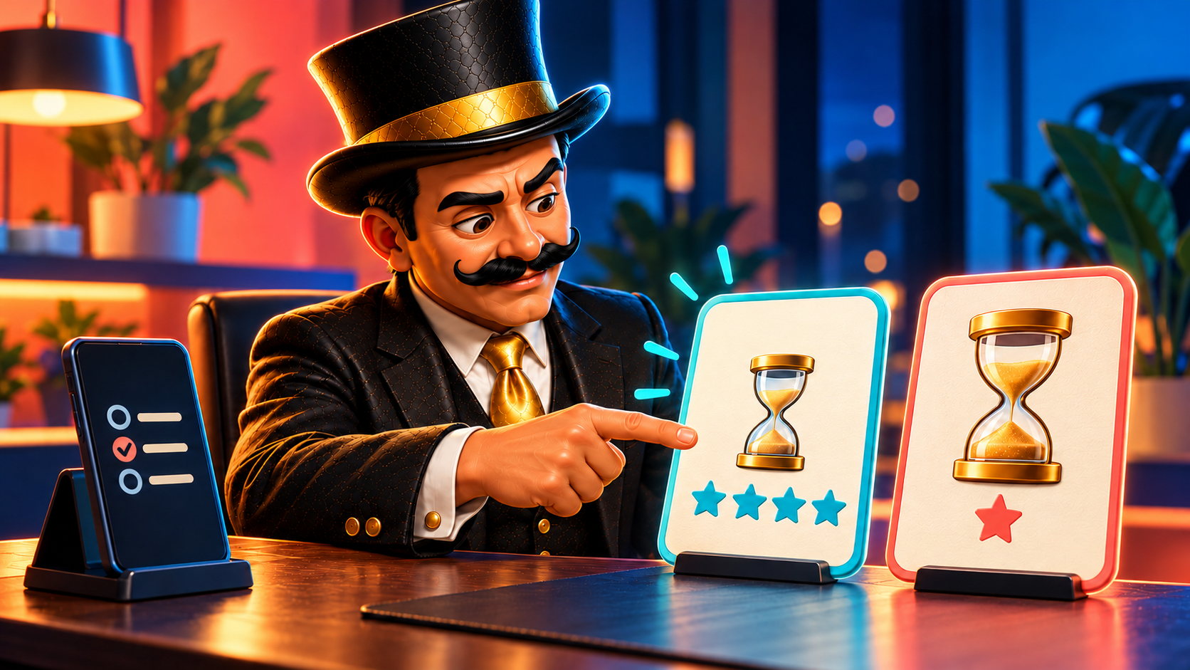 Satoshi observa concentrado dos tarjetas con estrellas y relojes de arena para comparar el tiempo y las señales de finalización de encuestas.