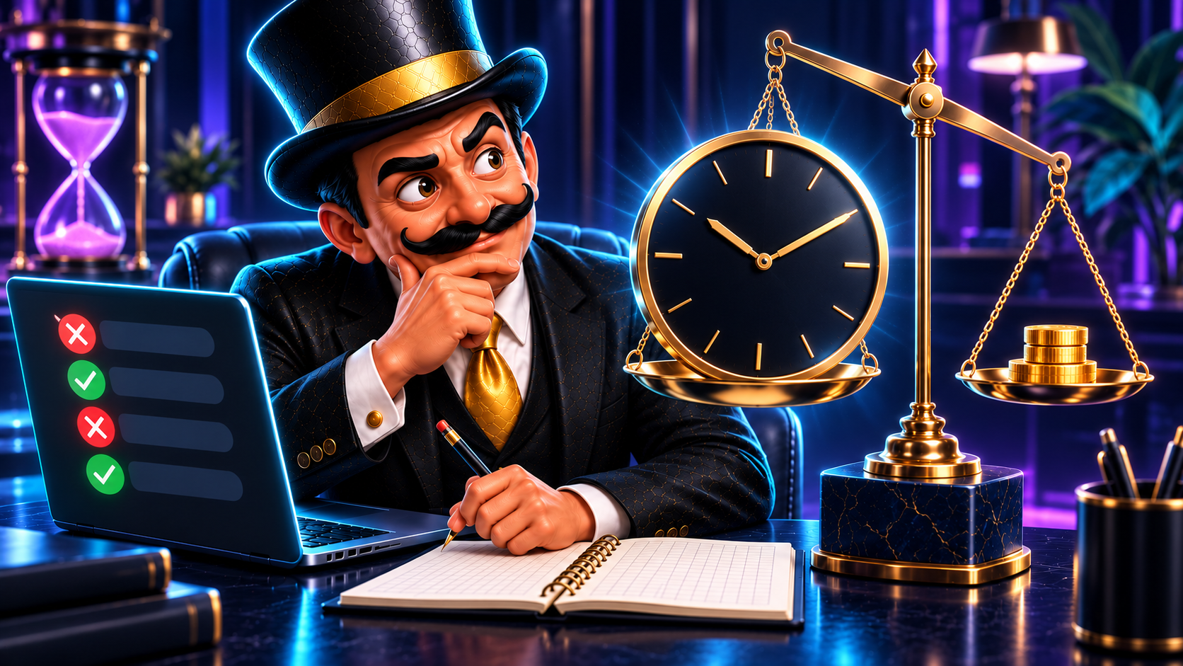 Satoshi registra los resultados de una sesión mientras una balanza compara un reloj con una pequeña recompensa en monedas.