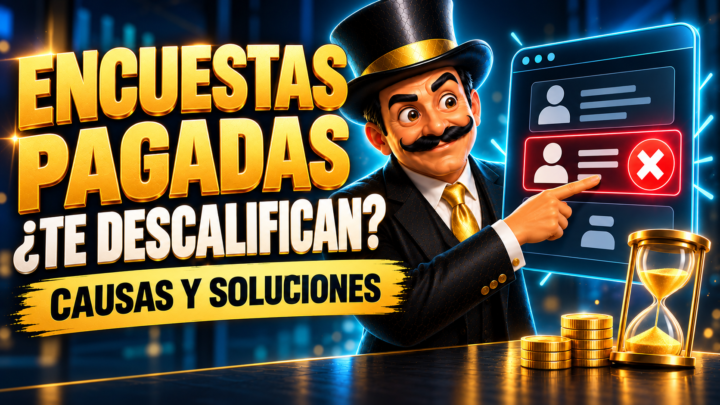 Satoshi señala una pantalla de encuesta rechazada junto al texto Encuestas pagadas: ¿te descalifican?